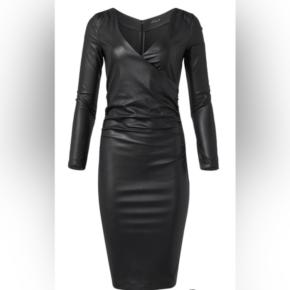 Faux-Leather Surplice Dress - Picture 15 of 16